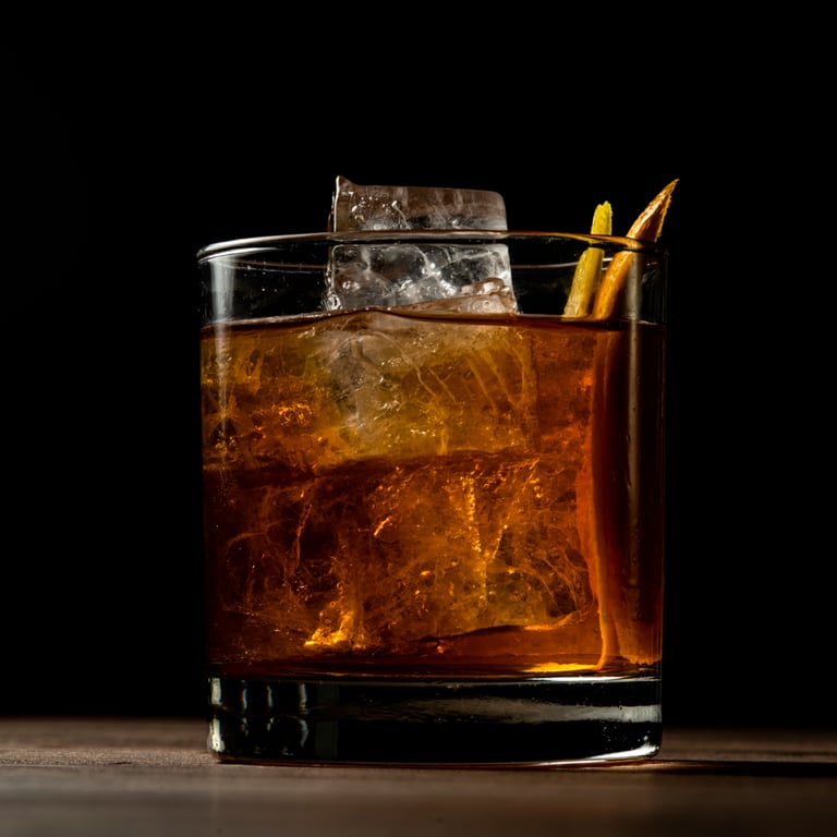 Presentación en vaso del cóctel Old Fashioned